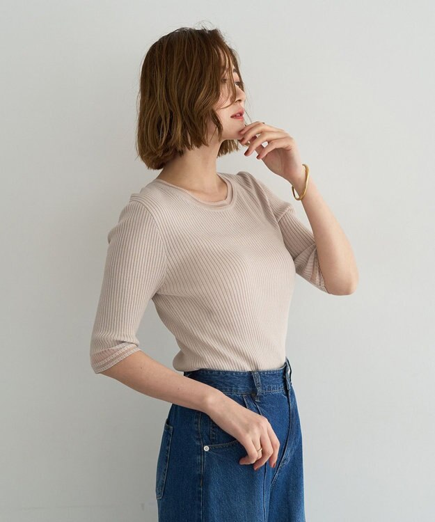 YECCA VECCA シアーMIX5分袖ニット Off White