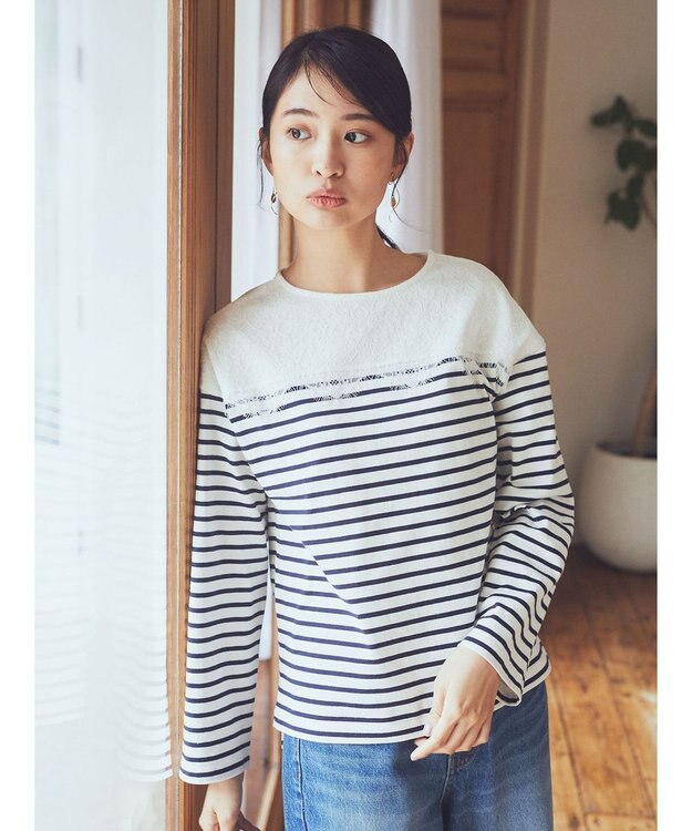 earth music&ecology レースボーダーカットソープルオーバー Navy