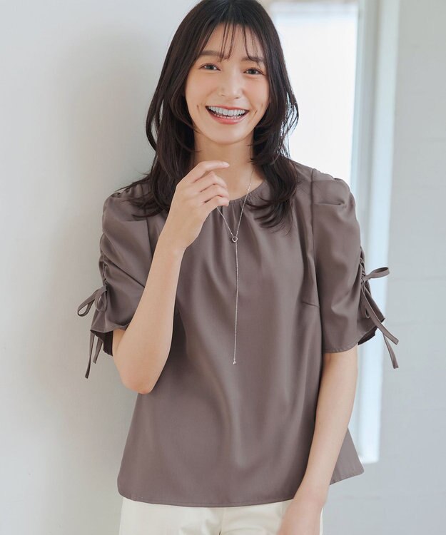 Tiaclasse 【洗える】ボリュームスリーブリボンブラウス モカ