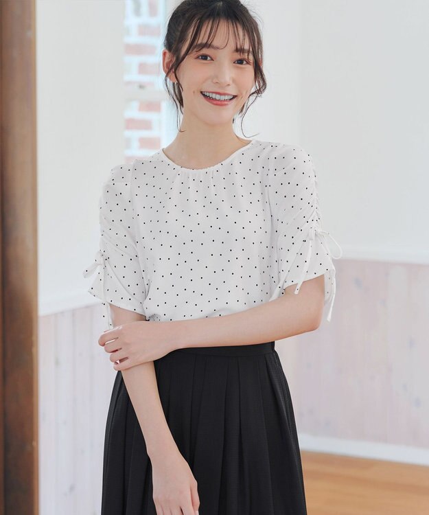 Tiaclasse 【洗える】ボリュームスリーブリボンブラウス オフドット