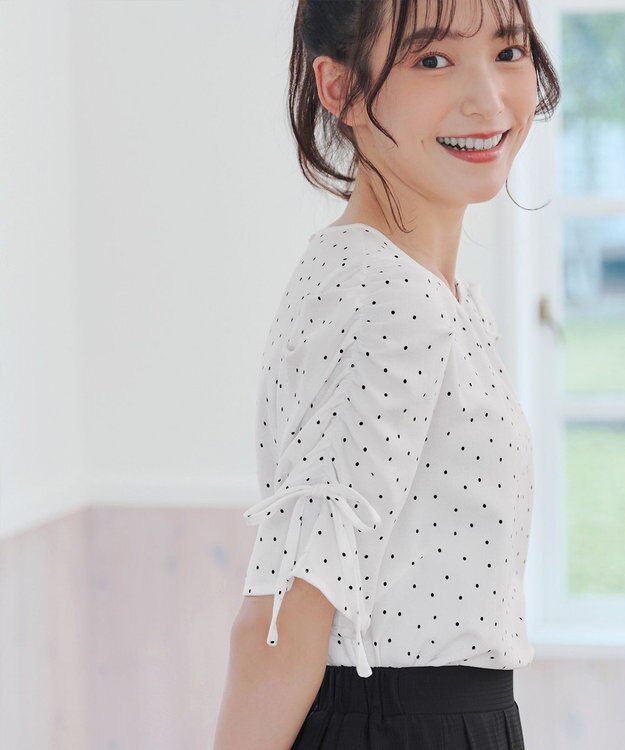 Tiaclasse 【洗える】ボリュームスリーブリボンブラウス オフドット