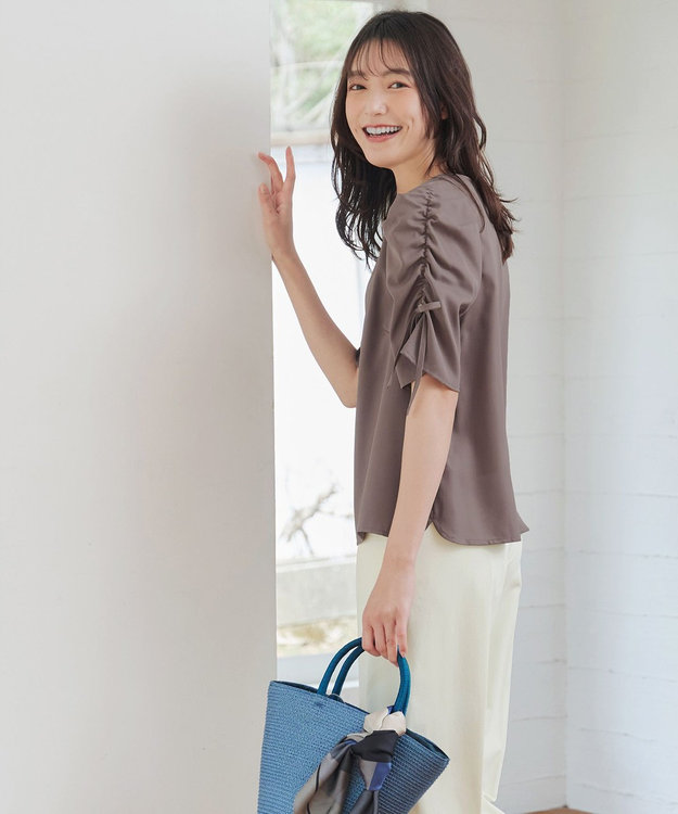 Tiaclasse 【洗える】ボリュームスリーブリボンブラウス モカ