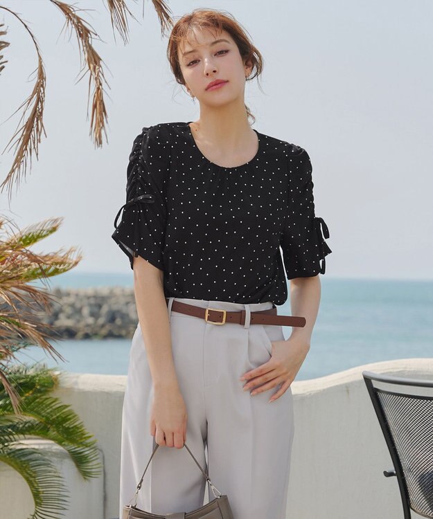 Tiaclasse 【洗える】ボリュームスリーブリボンブラウス ブラックドット