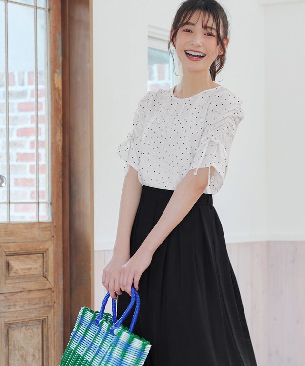 Tiaclasse 【洗える】ボリュームスリーブリボンブラウス オフドット
