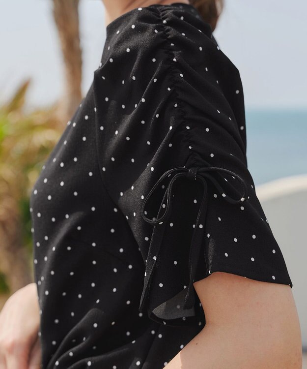 Tiaclasse 【洗える】ボリュームスリーブリボンブラウス ブラックドット