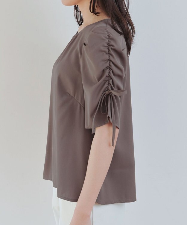 Tiaclasse 【洗える】ボリュームスリーブリボンブラウス モカ