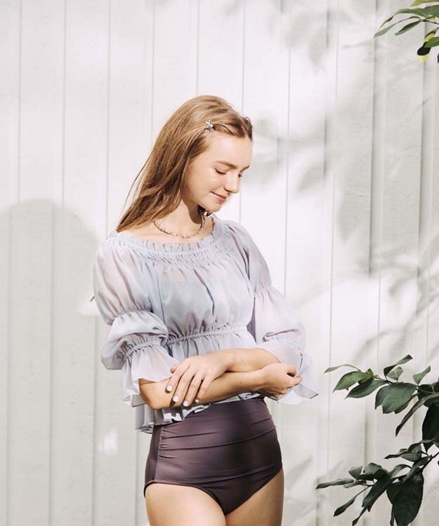 San-ai Resort（三愛水着楽園） パフスリーブトップス付き3点セット水着　9M　【San-ai Resort（サンアイリゾート）】 ブルー×グレー