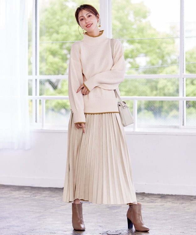 Tiaclasse 【洗える】かのこ編み配色ラインニットプルオーバー オフホワイト