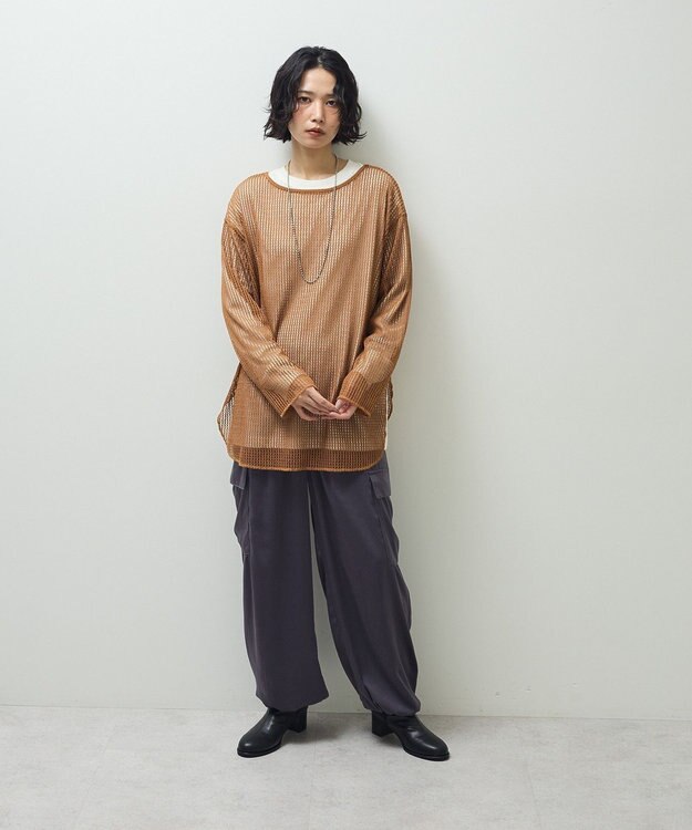 Green Parks メッシュ長袖ゆるカットプルオーバー Mustard