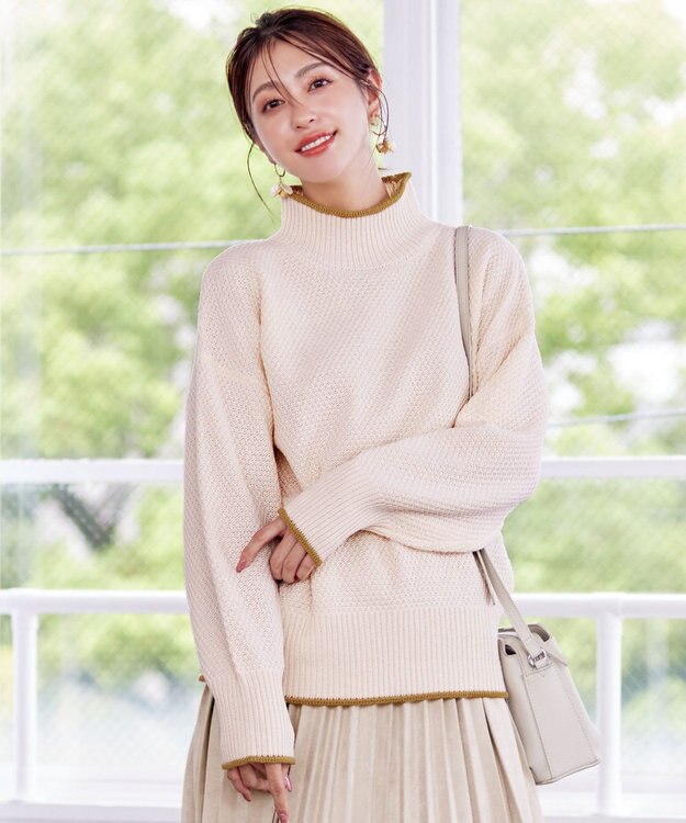 Tiaclasse 【洗える】かのこ編み配色ラインニットプルオーバー オフホワイト