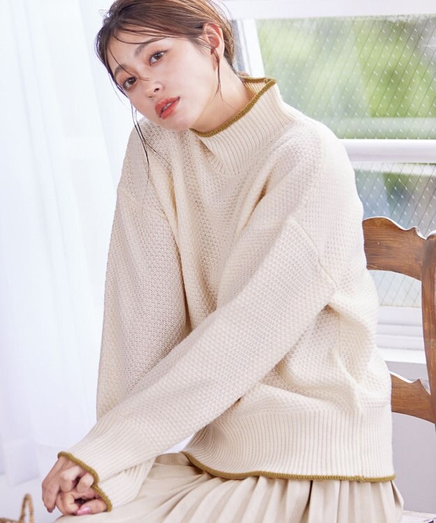 Tiaclasse 【洗える】かのこ編み配色ラインニットプルオーバー オフホワイト