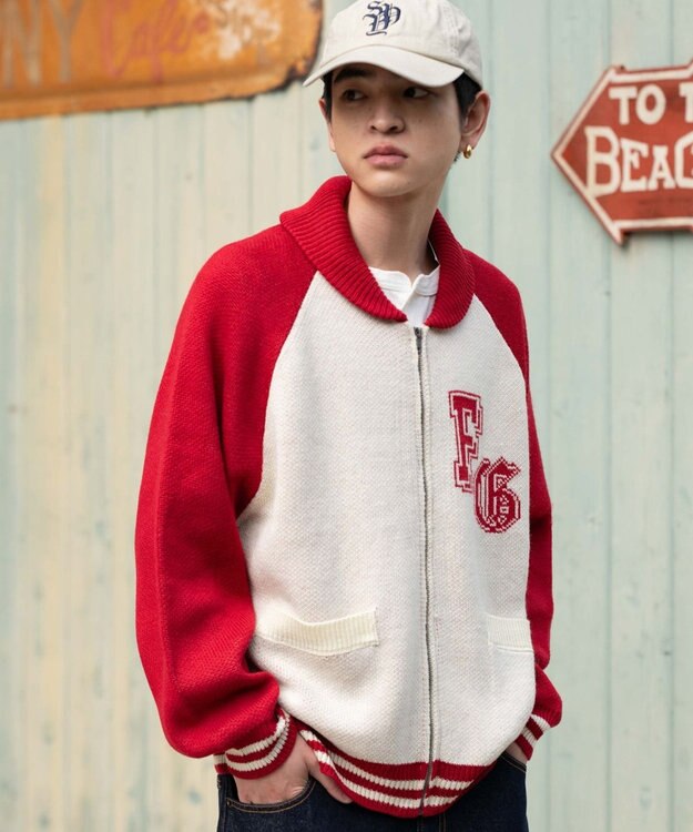 WEGO 【ユニセックス着用ITEM】グラフィックZIPニットブルゾン レッドその他