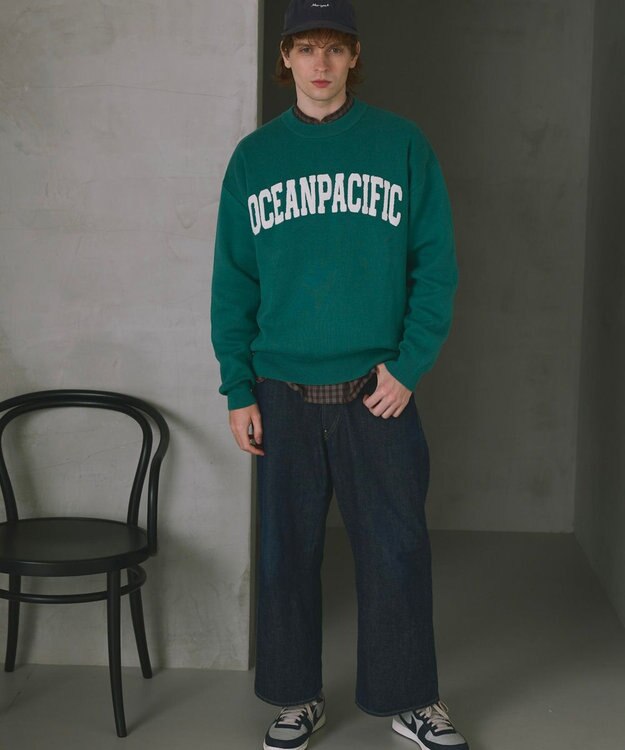 OP／FILA 【ocean pacific】サガラ刺しゅうロゴクルーニット/メンズ ダークブルー