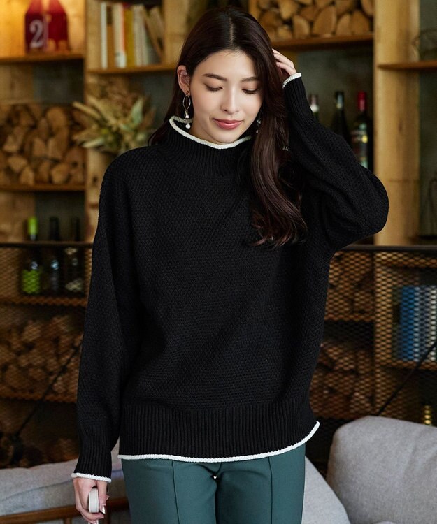 Tiaclasse 【洗える】かのこ編み配色ラインニットプルオーバー ブラック