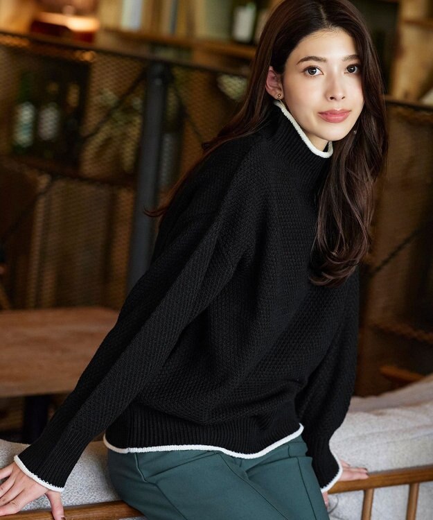 Tiaclasse 【洗える】かのこ編み配色ラインニットプルオーバー ブラック