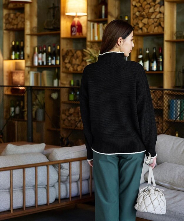 Tiaclasse 【洗える】かのこ編み配色ラインニットプルオーバー ブラック