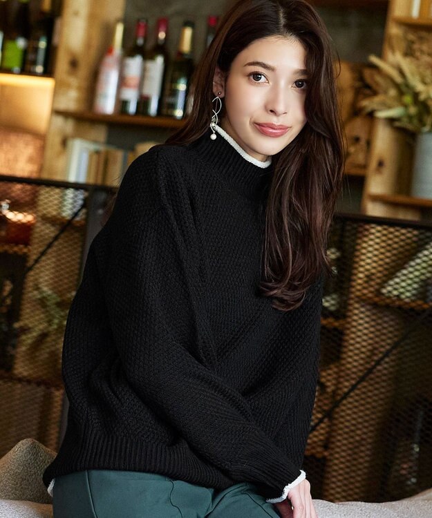 Tiaclasse 【洗える】かのこ編み配色ラインニットプルオーバー ブラック