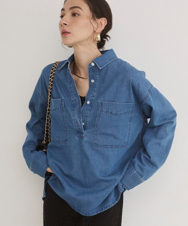 WEGO 【ANGIE VINTAGE】襟が選べる デニム プルオーバー シャツ（バンドカラー/レギュラー） ブルーその他