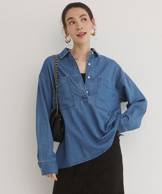 WEGO 【ANGIE VINTAGE】襟が選べる デニム プルオーバー シャツ（バンドカラー/レギュラー） ブルーその他