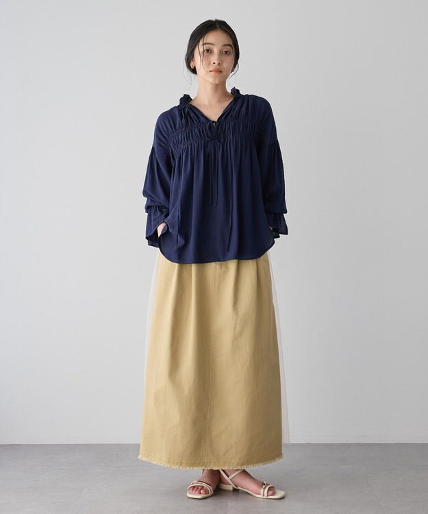 YECCA VECCA シャーリングギャザーリボンブラウス Navy