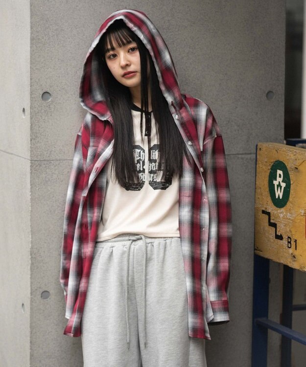 WEGO フードチェックシャツ レッド