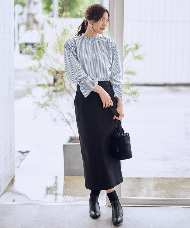 ANY L エニィファンクションハイネックブラウス ブルーストライプ