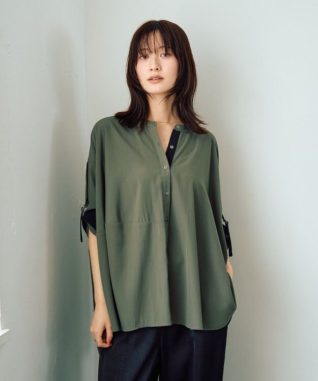 YECCA VECCA 2wayドロストスリーブバンドカラーシャツ Khaki