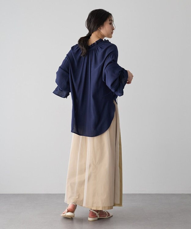 YECCA VECCA シャーリングギャザーリボンブラウス Navy