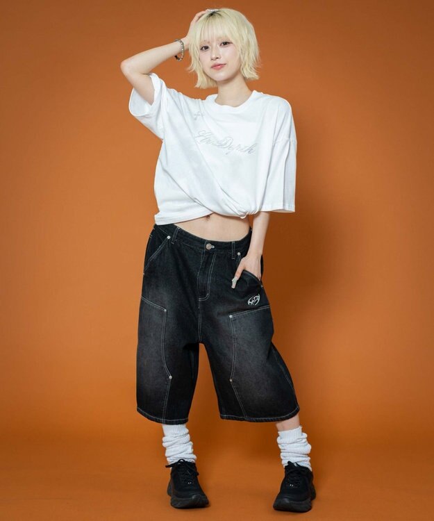 WEGO 【ユニセックス着用ITEM】ダブルニーロゴデニムショーツ デニムブラック