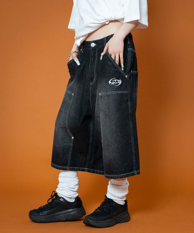 WEGO 【ユニセックス着用ITEM】ダブルニーロゴデニムショーツ デニムブラック