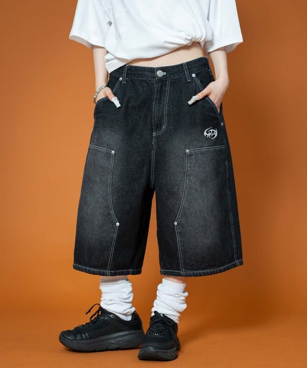 WEGO 【ユニセックス着用ITEM】ダブルニーロゴデニムショーツ デニムブラック