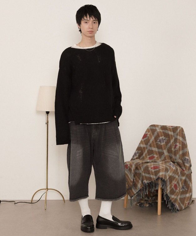 WEGO ダブルガーゼダメージプルオーバー ブラック