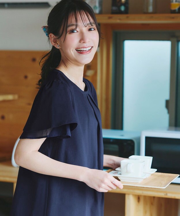 Tiaclasse 【UVケア・接触冷感】“あまラク” シフォンフレアスリーブカットソーチュニック ネイビー