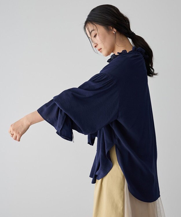 YECCA VECCA シャーリングギャザーリボンブラウス Navy