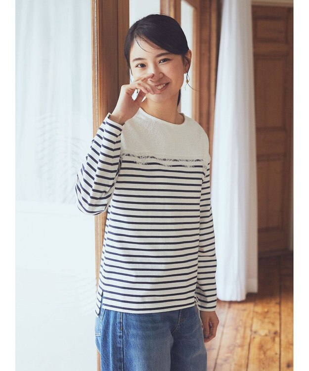 earth music&ecology レースボーダーカットソープルオーバー Navy