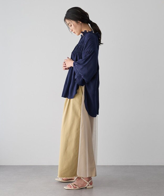 YECCA VECCA シャーリングギャザーリボンブラウス Navy