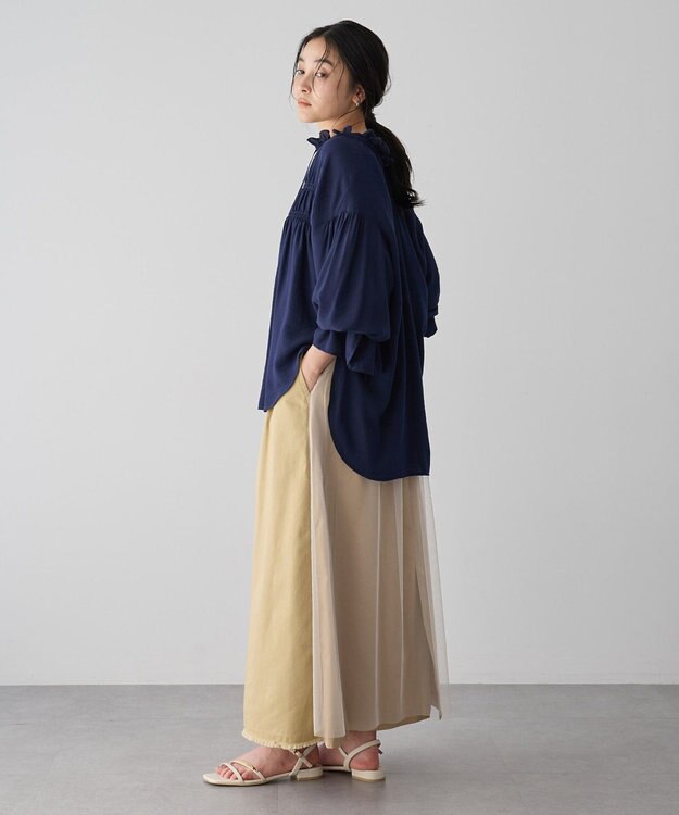 YECCA VECCA シャーリングギャザーリボンブラウス Navy