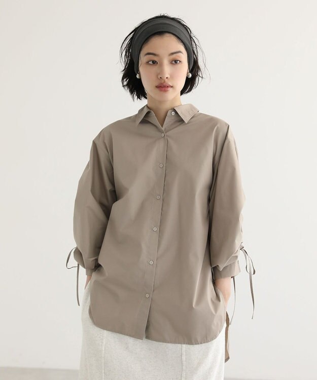 Green Parks イージーケア袖シャーリングシャツ Beige