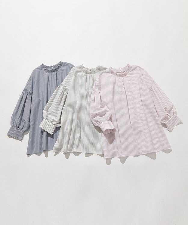 ANY SIS 【洗える】シャーリングフリルスタンド ブラウス ブルーストライプ