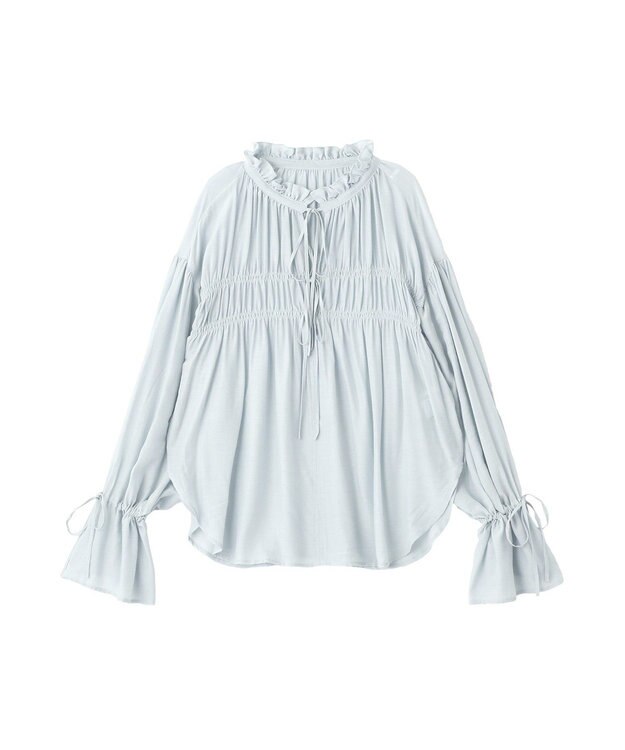 YECCA VECCA シャーリングギャザーリボンブラウス Sax