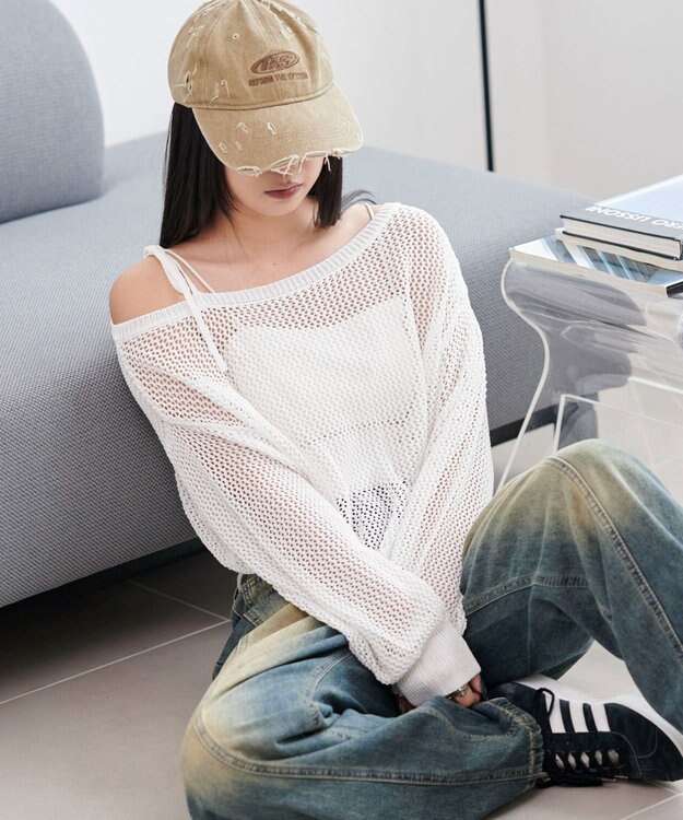 WEGO 2WAYオフショルメッシュニット ホワイト