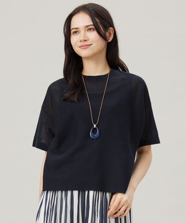 自由区 【アンサンブル対応・洗える】ドライシアーファインゲージクロップド丈 ニット ネイビー