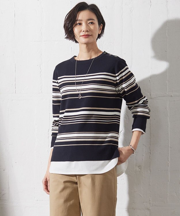 J.PRESS LADIES L 【洗える】RAYON STRETCH BORDER ボートネック ニット ネイビー系1