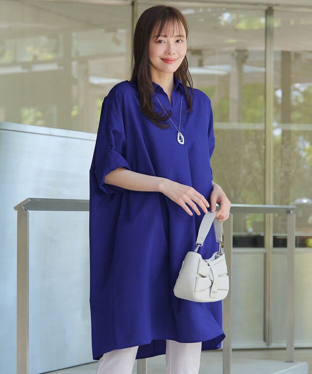 Tiaclasse 【洗える】麻ライクスキッパーシャツチュニック ブルー