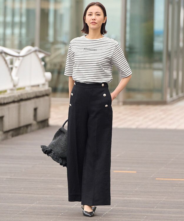 自由区 【XSサイズ～】ブライトリネンオックス ワイドパンツ ブラック系