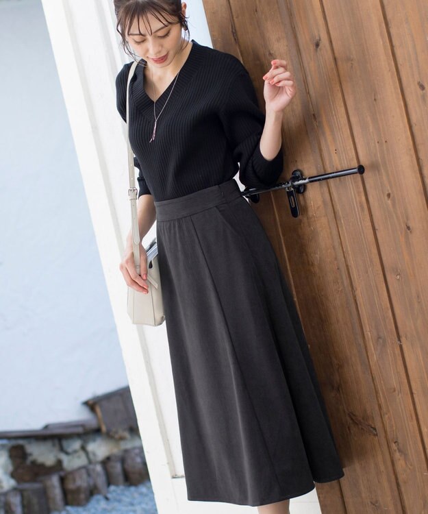 Tiaclasse L 【洗える】大人上品なコーデュロイフレアスカート チャコールグレー