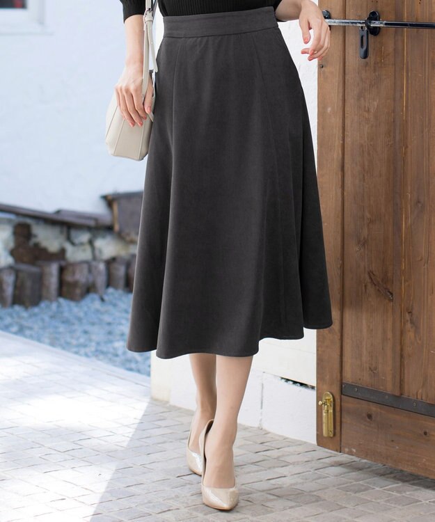 Tiaclasse L 【洗える】大人上品なコーデュロイフレアスカート チャコールグレー