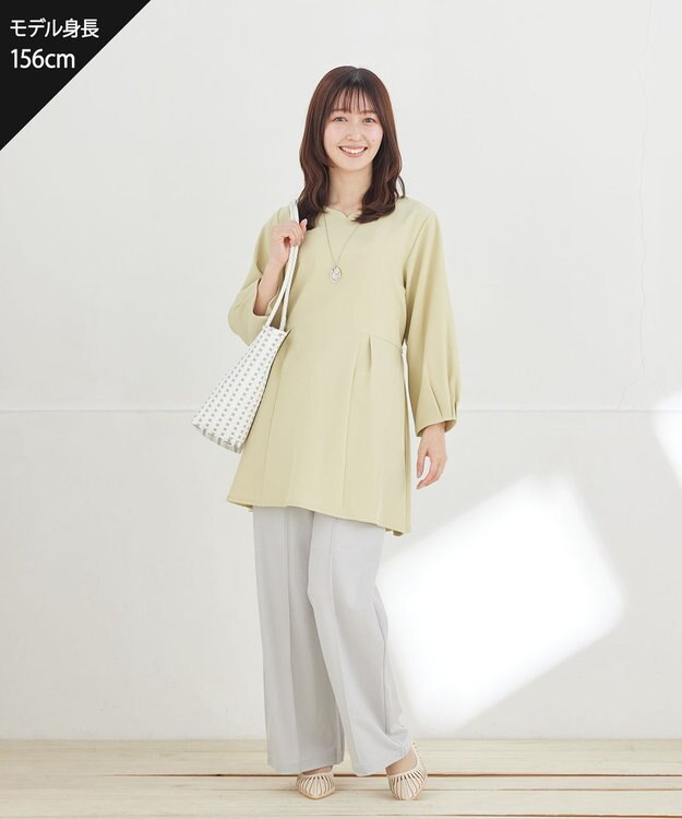 Tiaclasse L リボン付きタックフレアチュニック ミント