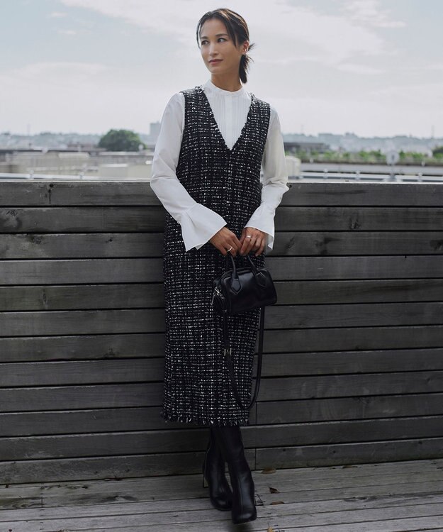 ICB L ロービングツイード ワンピース ブラック×オフホワイト系