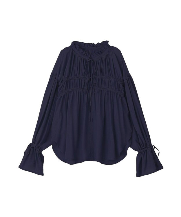 YECCA VECCA シャーリングギャザーリボンブラウス Navy